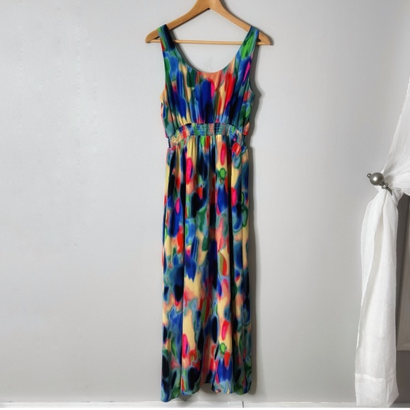 Anthropologie Maeve Aloisia Dress Silk Watercolor Maxi Length Front Slits Sz 8 - Picture 4 of 16